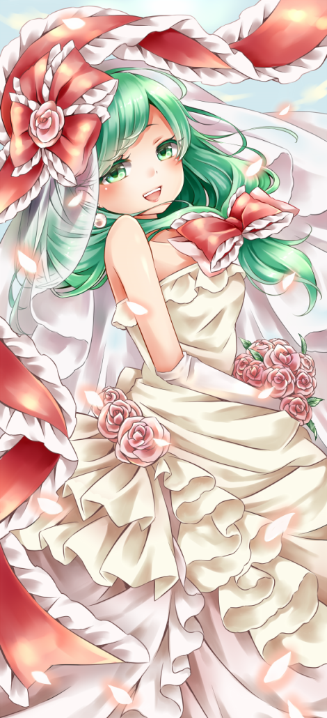 1girl bare_shoulders bow bride dress elbow_gloves flower frilled_bow frilled_dress frilled_ribbon frills front_ponytail gloves green_eyes green_hair hair_bow holding holding_flower kagiyama_hina looking_at_viewer open_mouth red_bow ribbon solo tamichan teeth touhou upper_teeth_only wedding white_dress white_gloves