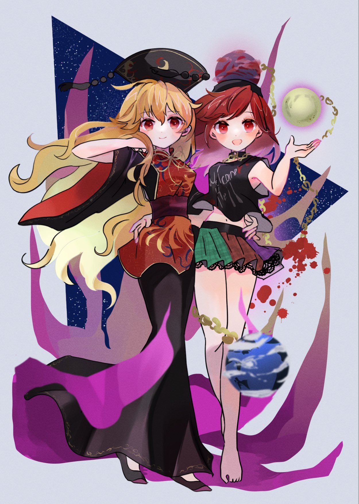 2girls abstract_background barefoot black_dress black_shirt blush chain chinese_clothes closed_mouth clothes_writing collar crescent crop_top dress earth_(ornament) emimi_(emimi_28) facing_viewer floating_hair full_body gold_chain hand_in_own_hair hand_on_another's_waist hat hecatia_lapislazuli highres junko_(touhou) legacy_of_lunatic_kingdom long_hair long_sleeves looking_at_viewer moon_(ornament) multicolored_clothes multicolored_skirt multiple_girls open_mouth phoenix_crown plaid plaid_skirt red_eyes red_hair shirt skirt smile standing tabard tail touhou underworld_(ornament) wide_sleeves