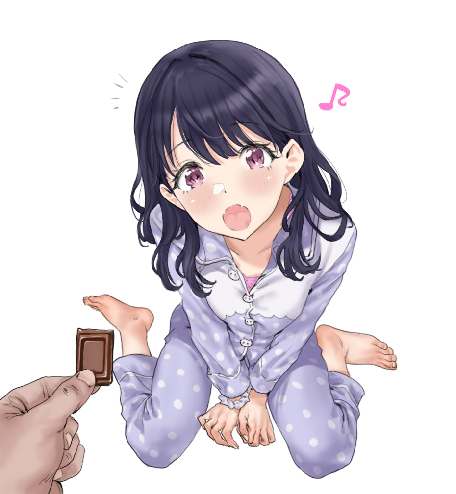 1boy 1girl :o barefoot blue_hair blush breasts chocolate collarbone dark_blue_hair fang feeding food fukumaru_koito hamedoragon holding holding_chocolate holding_food idolmaster idolmaster_shiny_colors looking_at_food musical_note pajamas polka_dot polka_dot_pajamas pov pov_hands purple_pajamas red_eyes simple_background sitting skin_fang small_breasts toes wariza white_background