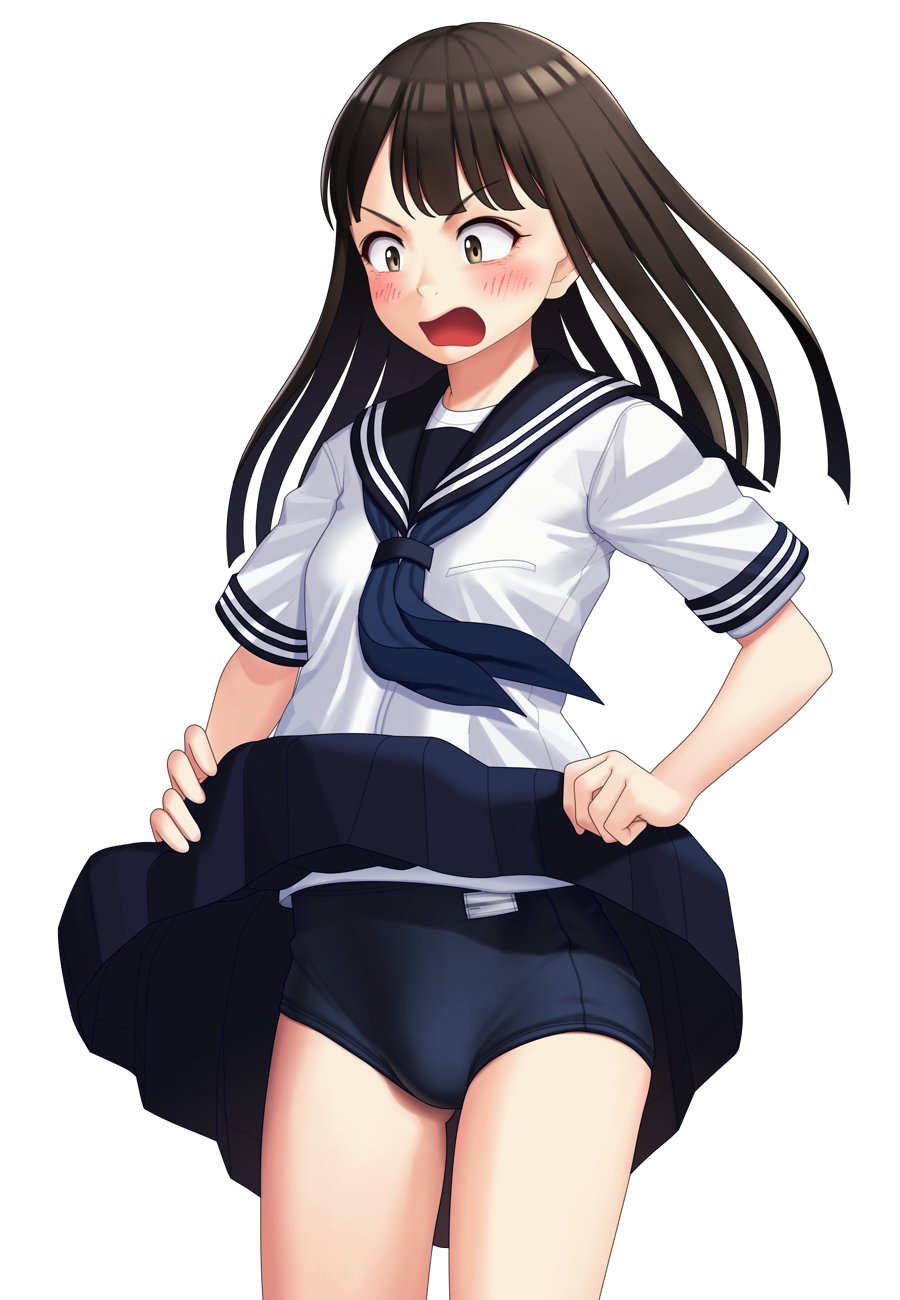 1girl black_eyes black_hair blue_buruma blue_neckerchief blue_sailor_collar blue_skirt blush buruma buruma_under_skirt clothes_lift commentary frown highres looking_to_the_side maburu_(lojyq1eur3e8bit) medium_hair neckerchief open_mouth original pleated_skirt sailor_collar school_uniform serafuku shirt short_sleeves simple_background skirt skirt_lift skirt_tug solo standing straight_hair white_background white_shirt wind wind_lift