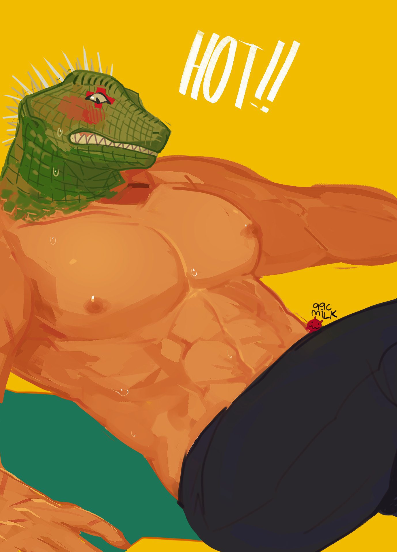 1boy abs animal_head bara caiman_(dorohedoro) clenched_teeth dorohedoro feet_out_of_frame green_scales highres large_pectorals male_focus muscular muscular_male navel nipples pectorals reptile_boy solo stomach strongman_waist sweat teeth topless_male trina_(pckgmeat) yellow_background