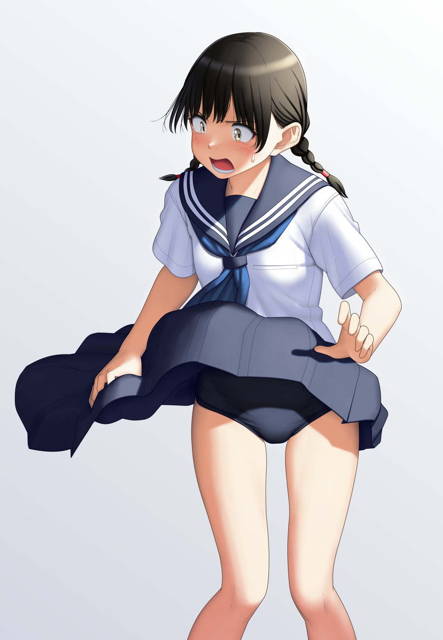 1girl black_eyes black_hair blue_buruma blue_neckerchief blue_sailor_collar blue_sky blush braid buruma buruma_under_skirt clothes_lift commentary frown grey_background highres looking_to_the_side low_twin_braids maburu_(lojyq1eur3e8bit) medium_hair neckerchief open_mouth original pleated_skirt sailor_collar shirt short_sleeves skirt skirt_lift skirt_tug sky solo standing sweatdrop twin_braids white_shirt wind wind_lift