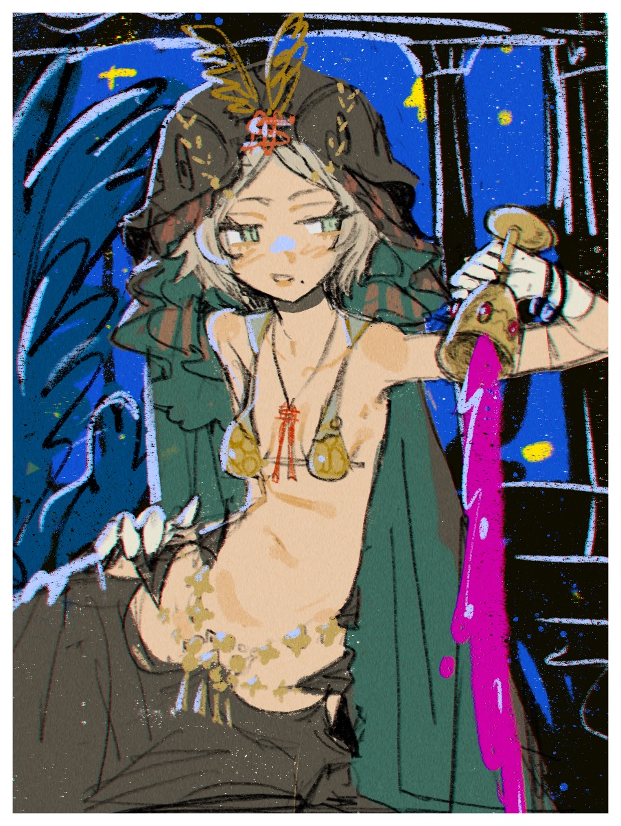 1girl black_pants bra bracelet breasts chalice cup denonbu green_eyes grey_hair haijima_ginka hand_up highres holding holding_cup jewelry looking_to_the_side moosu navel necklace official_alternate_costume open_mouth pants short_hair sitting skinny small_breasts solo spilling underwear veil yellow_bra