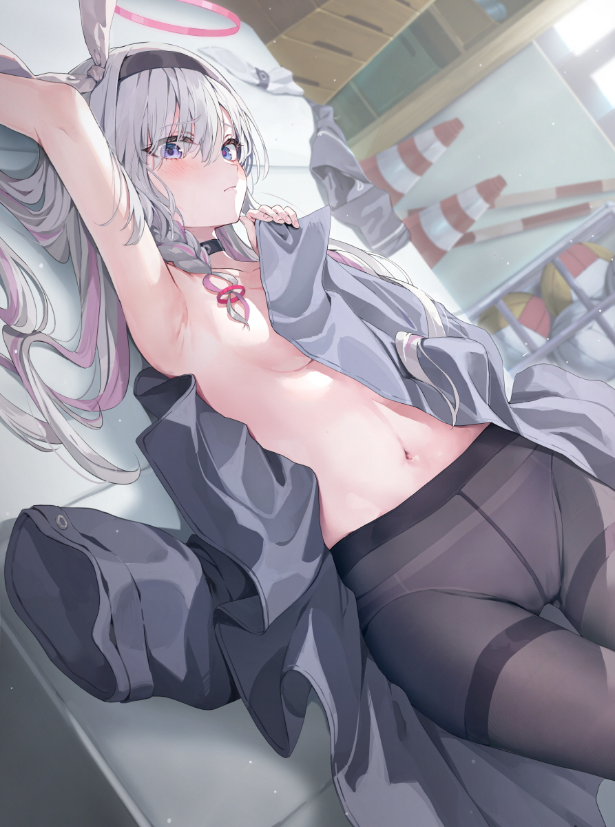 1girl arm_up armpits black_choker black_hairband black_pantyhose blue_archive blue_pupils blush braid breasts cameltoe choker closed_mouth coat crotch_seam dutch_angle grey_coat grey_hair gym_storeroom hair_between_eyes hair_ribbon hairband halo hashtag_only_commentary highres huwari_(dnwls3010) long_hair long_sleeves looking_at_viewer lying medium_breasts mismatched_pupils multicolored_hair navel on_back panties panties_under_pantyhose pantyhose pink_hair pink_halo pink_panties plana_(blue_archive) purple_eyes red_pupils revision ribbon side_braid single_braid solo thighband_pantyhose traffic_cone two-tone_hair underwear volleyball white_ribbon