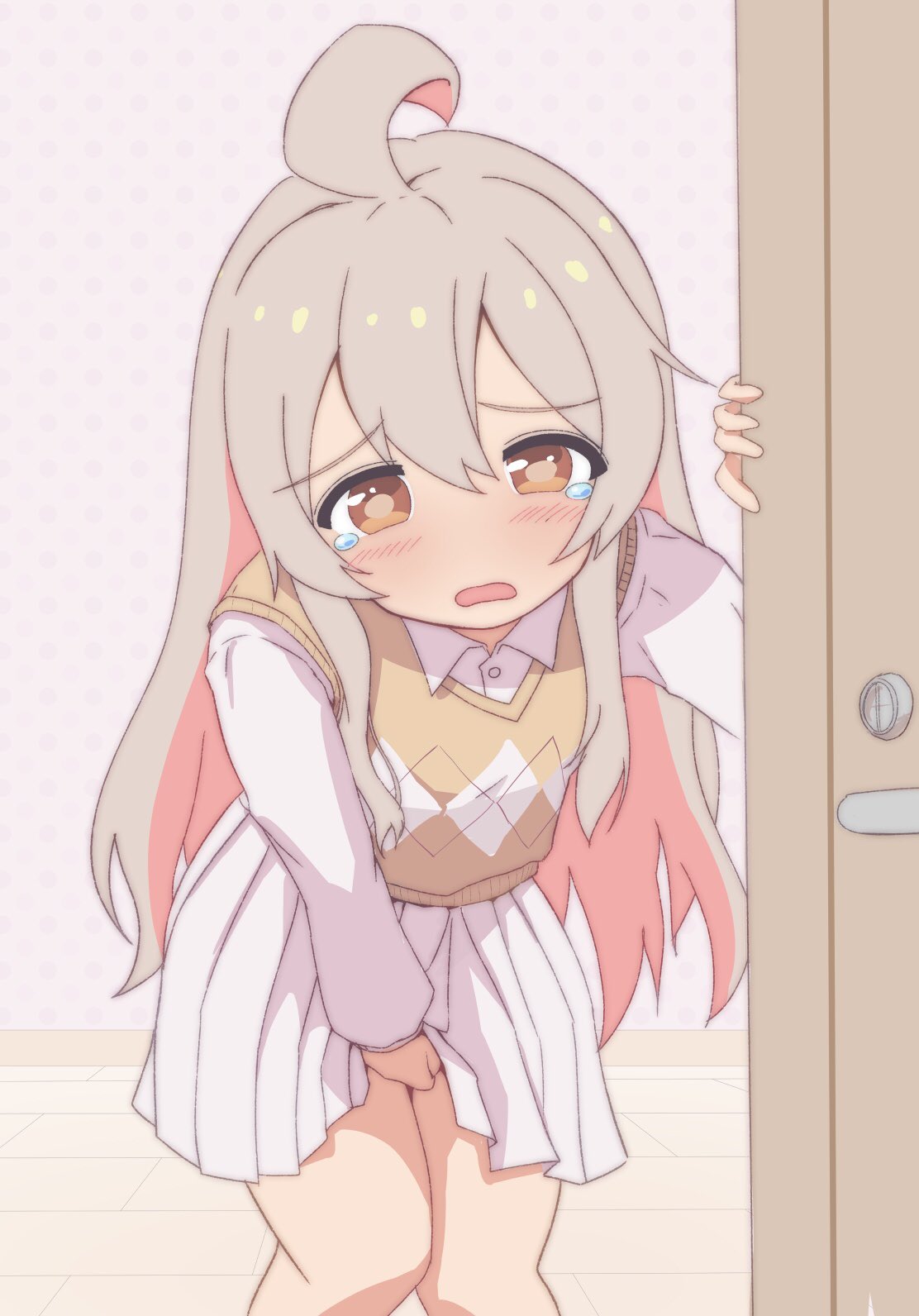1girl ahoge bare_legs between_legs blush brown_eyes colored_inner_hair commentary d: door grey_hair hair_between_eyes hand_between_legs have_to_pee highres leaning_forward long_hair long_sleeves looking_at_viewer multicolored_hair onii-chan_wa_oshimai! open_mouth oyama_mahiro pink_hair pleated_skirt shirt sidelocks skirt solo tearing_up two-tone_hair unkimo vest white_shirt white_skirt wing_collar wooden_floor