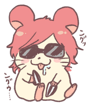 :3 alternate_species ambiguous_gender blush bodily_fluids chibi cricetid drooling eyewear feral furrification hair hamster japanese_text low_res mammal ogretsu_tanaka pink_hair rodent round_ears saliva seed sitting smile solo sunflower_seed sunglasses text tongue tongue_out whiskers yarichin_bitch_club yuri_ayato
