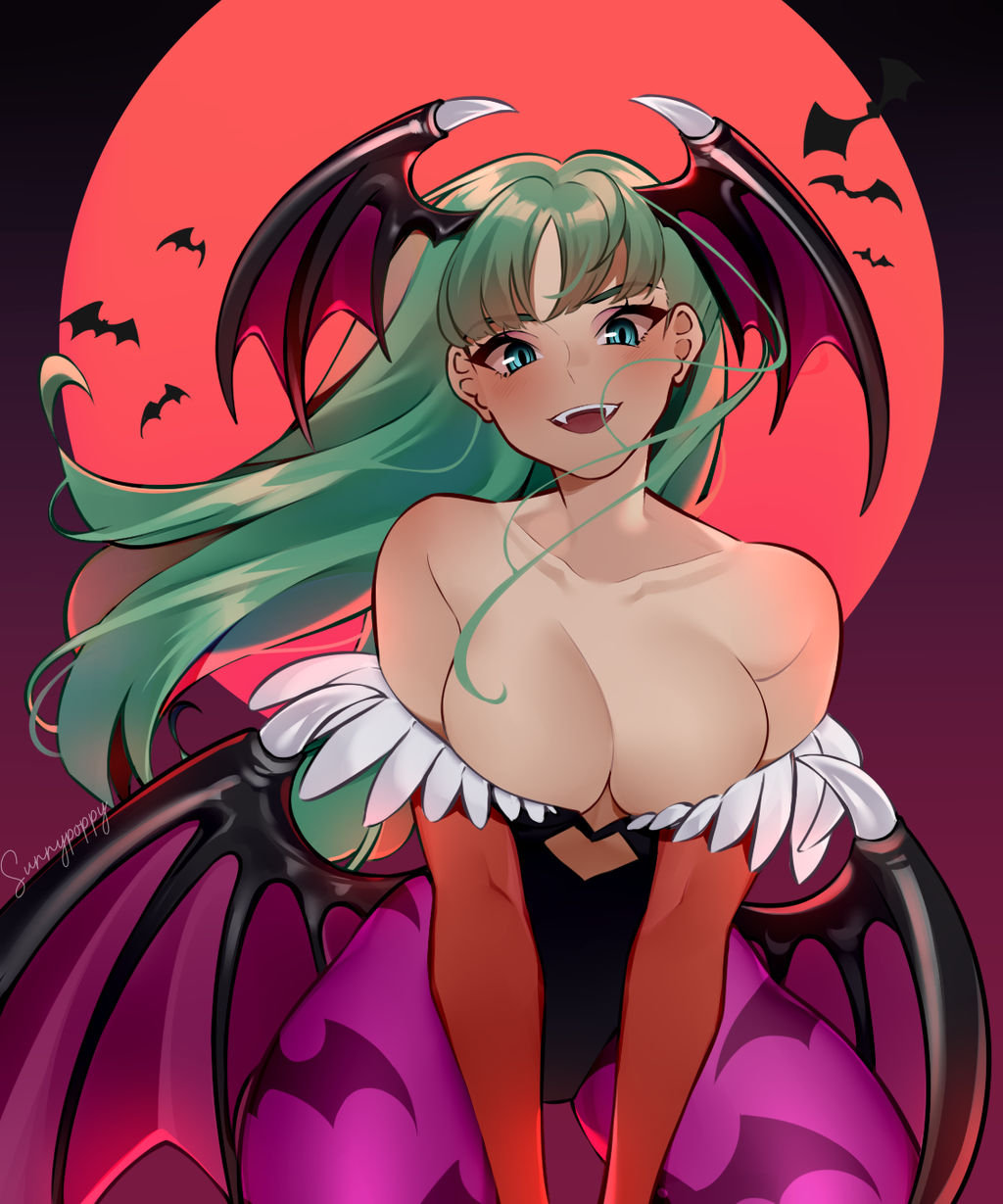 1girl artist_name bare_shoulders bat_(animal) bat_pasties breasts clothing_cutout collarbone full_moon green_eyes green_hair head_wings highres leotard long_hair moon morrigan_aensland night night_sky open_mouth pantyhose purple_pantyhose red_moon sharp_teeth sky smile solo strapless strapless_leotard sunnypoppy teeth vampire_(game) wings