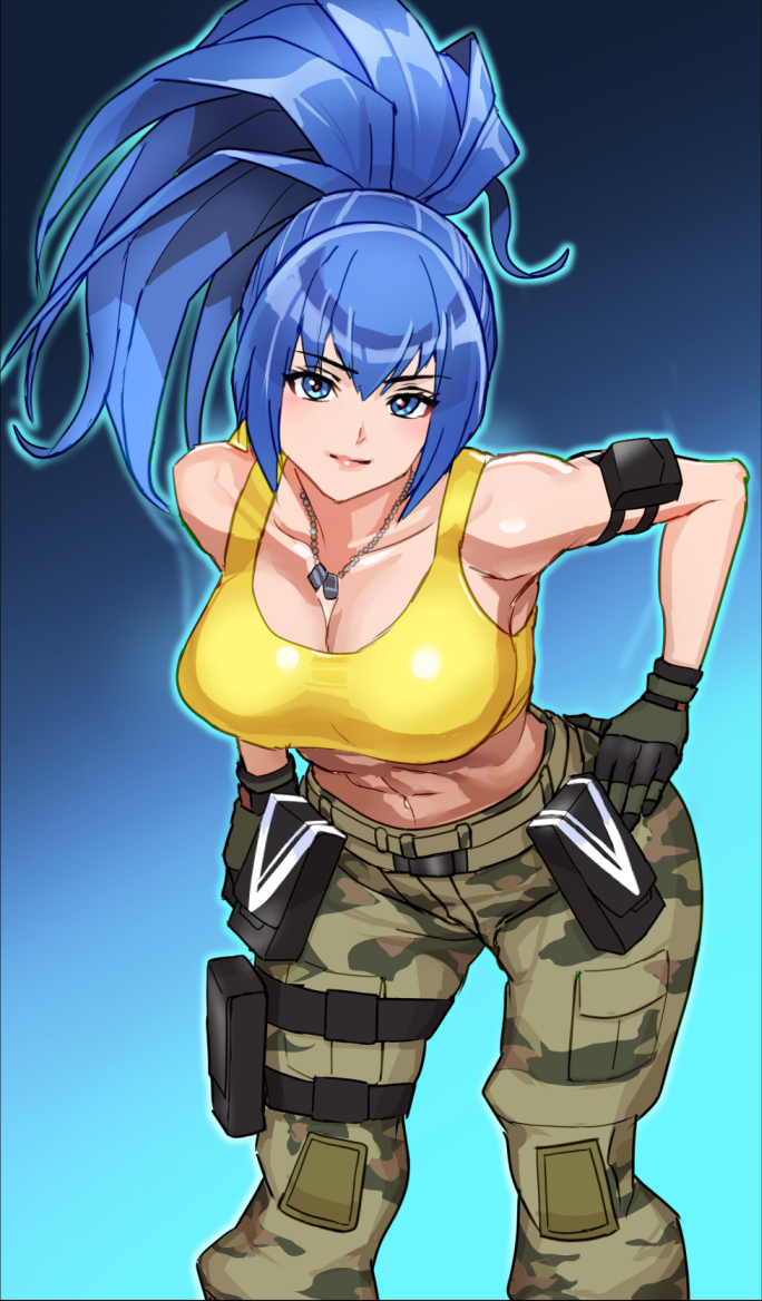 1girl arm_pouch blue_eyes blue_hair breasts camouflage camouflage_pants cargo_pants dog_tags earrings gloves jewelry leona_heidern pants ponytail smile soldier solo tank_top the_king_of_fighters the_king_of_fighters_xv triangle_earrings yellow_tank_top yukinoshinf