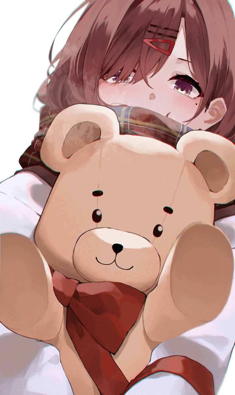 1girl bangs blush brown_hair hair_ornament hairclip highres higuchi_madoka idolmaster idolmaster_shiny_colors long_sleeves looking_at_viewer mole mole_under_eye red_ribbon ribbon scarf short_hair solo stuffed_animal stuffed_toy sweatshirt swept_bangs teddy_bear toto_(kuro_toto) white_background