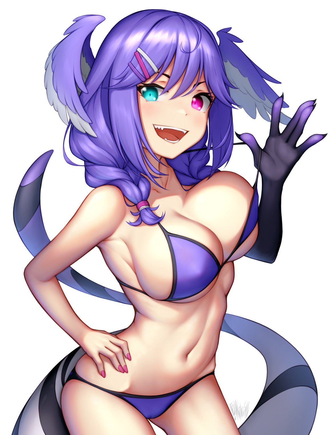 1girl bikini blue_eyes braid breasts dragon_arm dragon_girl dragon_tail hair_ornament hairclip hand_on_hip heterochromia highres large_breasts medium_hair navel nijisanji nijisanji_en nitrus open_mouth pink_nails purple_bikini purple_eyes purple_hair selen_tatsuki sharp_teeth solo swimsuit tail teeth twin_braids virtual_youtuber white_background