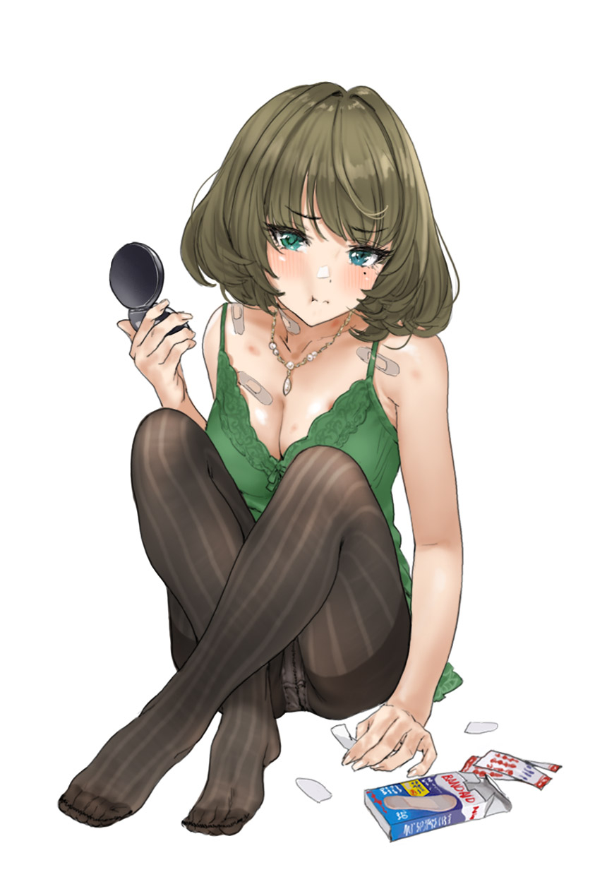 1girl :i bandaid bandaid_on_breast bandaid_on_neck bandaid_on_shoulder bite_mark bite_mark_on_breast bite_mark_on_neck black_pantyhose breasts camisole cleavage collarbone green_camisole green_eyes hamedoragon hickey highres idolmaster idolmaster_cinderella_girls knees_up looking_at_viewer medium_breasts mole mole_under_eye nail_polish panties panties_under_pantyhose pantyhose sitting solo striped striped_pantyhose takagaki_kaede underwear white_panties