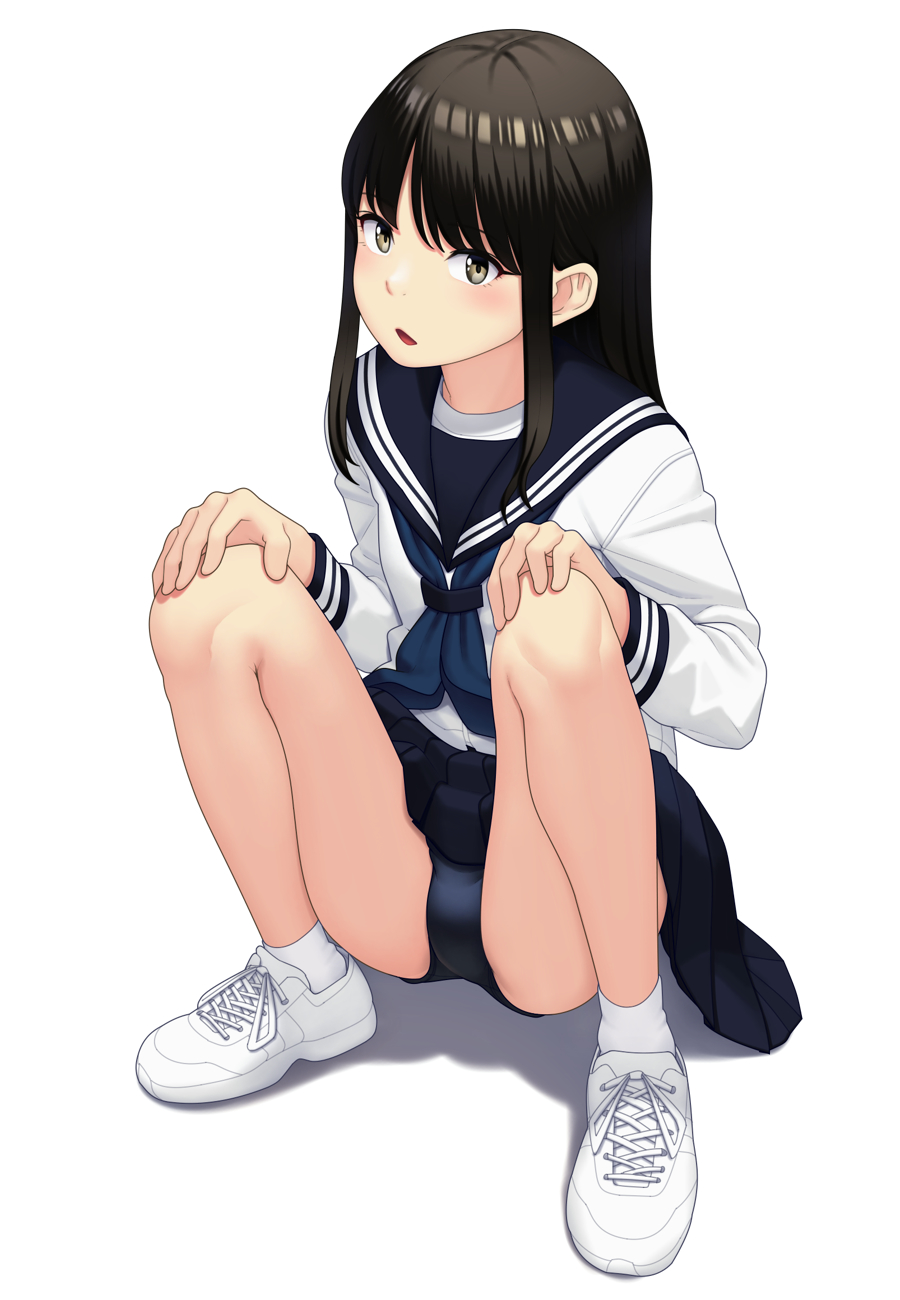 1girl ankle_socks black_eyes black_hair black_neckerchief black_skirt blue_buruma blue_neckerchief buruma buruma_under_skirt commentary cross-laced_footwear full_body hands_on_own_knees highres long_hair long_sleeves looking_at_viewer maburu_(lojyq1eur3e8bit) neckerchief open_mouth original pleated_skirt sailor_collar school_uniform serafuku shadow shirt shoes shorts simple_background skirt sneakers socks solo squatting white_background white_shirt white_shorts white_socks