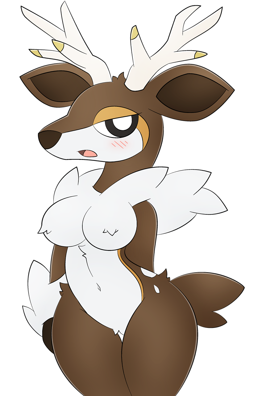 anthro antlers blush breasts female generation_5_pokemon hi_res horn nintendo nude open_mouth pokemon pokemon_(species) sawsbuck solo winter_sawsbuck zinzoa