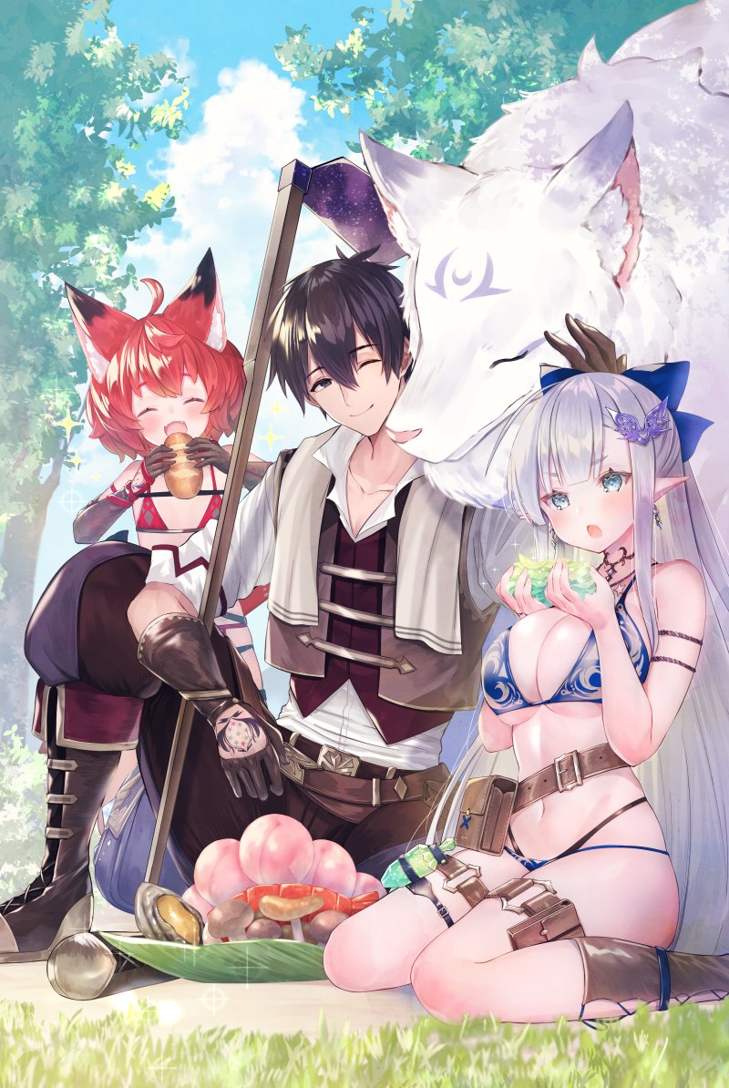 1boy 2girls animal_ears bikini black_eyes black_gloves black_hair blue_bikini blue_eyes boots bread breasts character_request commentary_request copyright_request day earrings elf fangs flat_chest food fruit gloves grey_hair hair_ornament jewelry large_breasts long_hair multiple_girls mushroom navel necklace novel_illustration official_art one_eye_closed peach pointy_ears red_bikini red_hair smile star_(symbol) suzuho_hotaru swimsuit