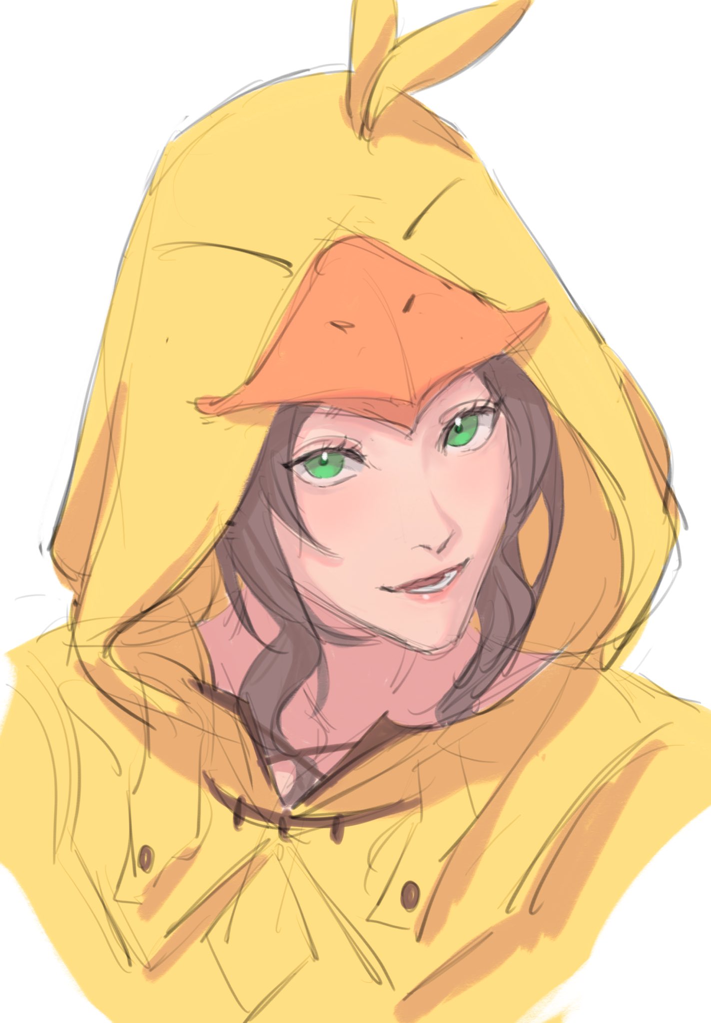 1girl aerith_gainsborough aerith_gainsborough_(chocobo_suit) bird_hood brown_hair chocobo final_fantasy final_fantasy_vii final_fantasy_vii_ever_crisis green_eyes highres hood hood_up looking_at_viewer official_alternate_costume onesie parted_bangs parted_lips portrait sidelocks sketch smile solo upper_body vy7437 wavy_hair white_background yellow_hood