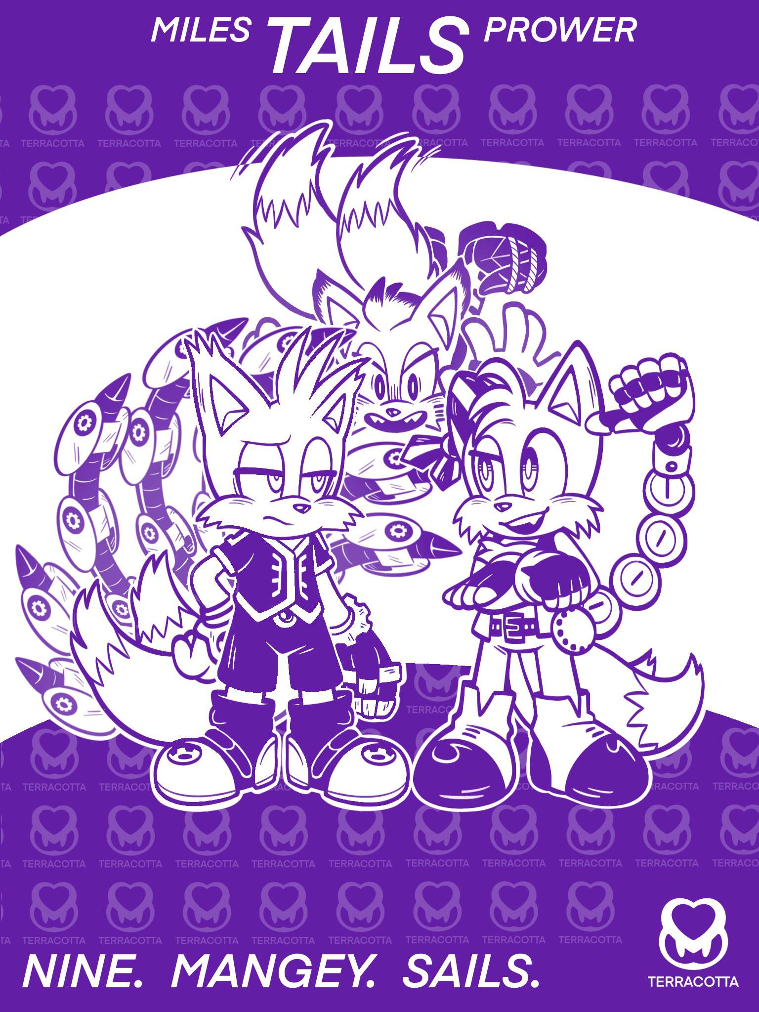 3:4 ambiguous_gender bottomwear canid canine clothed clothing footwear fox gloves group handwear hi_res male mammal mangey_(sonic_prime) monochrome multi_tail netflix purple_and_white sails_tails shoes shorts sonic_prime tail tails_nine terracotta trio
