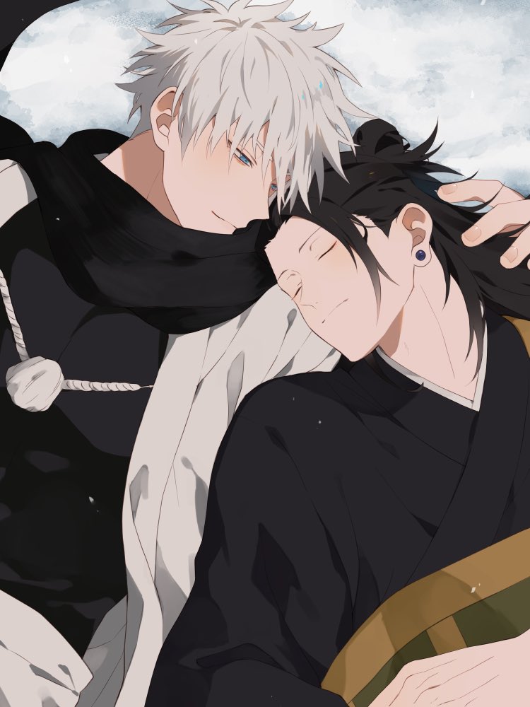 2boys black_hair black_kimono black_scarf black_shirt blue_eyes closed_eyes closed_mouth ear_piercing getou_suguru gojou_satoru hair_bun japanese_clothes jujutsu_kaisen kesa kimono long_hair male_focus multiple_boys piercing scarf shirt short_hair smile sotsu_(sotsu0102) upper_body white_hair white_kimono