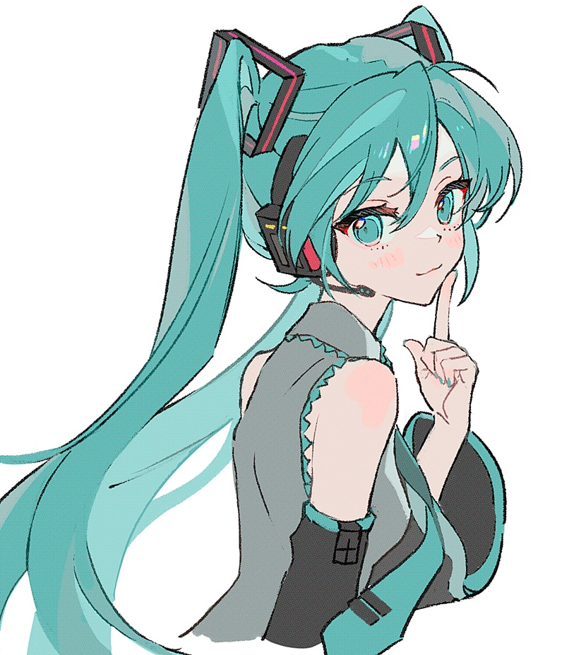 1girl aqua_eyes aqua_hair black_sleeves blue_nails detached_sleeves grey_shirt hair_ornament hatsune_miku headset long_hair lunar_(lunar_815) shirt simple_background sleeveless sleeveless_shirt smile solo twintails very_long_hair vocaloid white_background