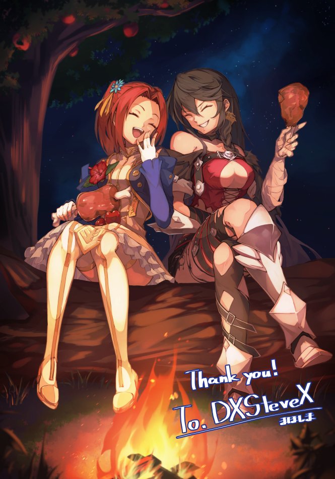2girls apple bandaged_arm bandages bare_shoulders black_hair bonfire breasts brown_hair chicken_(food) chicken_leg commentary_request commission eleanor_hume eyelashes food frills fruit holding holding_food in_tree long_hair meat medium_breasts medium_hair multiple_girls night night_sky on_tree online_neet open_mouth sitting sitting_in_tree sky smile star_(sky) tales_of_(series) tales_of_berseria teeth thank_you tree velvet_crowe