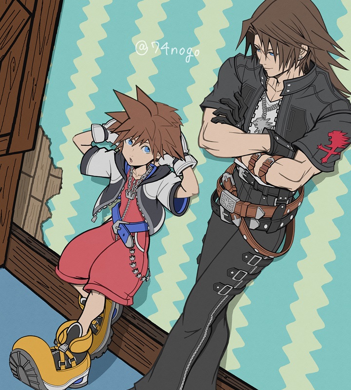 2boys 74nogo arm_belt arms_behind_head belt black_belt black_gloves black_jacket black_pants blue_belt blue_eyes brown_belt brown_hair chain_necklace child closed_mouth cropped_jacket crossed_arms crossed_legs gloves hair_between_eyes indoors jacket jewelry kingdom_hearts light_smile looking_at_another loose_belt male_focus medium_hair multicolored_clothes multicolored_jacket multiple_belts multiple_boys necklace overalls pants parted_bangs parted_lips peeling red_overalls scar scar_on_face scar_on_forehead shirt short_hair short_sleeves sora_(kingdom_hearts) spiked_hair squall_leonhart twitter_username two-tone_jacket wallpaper_(object) white_gloves white_shirt yellow_footwear
