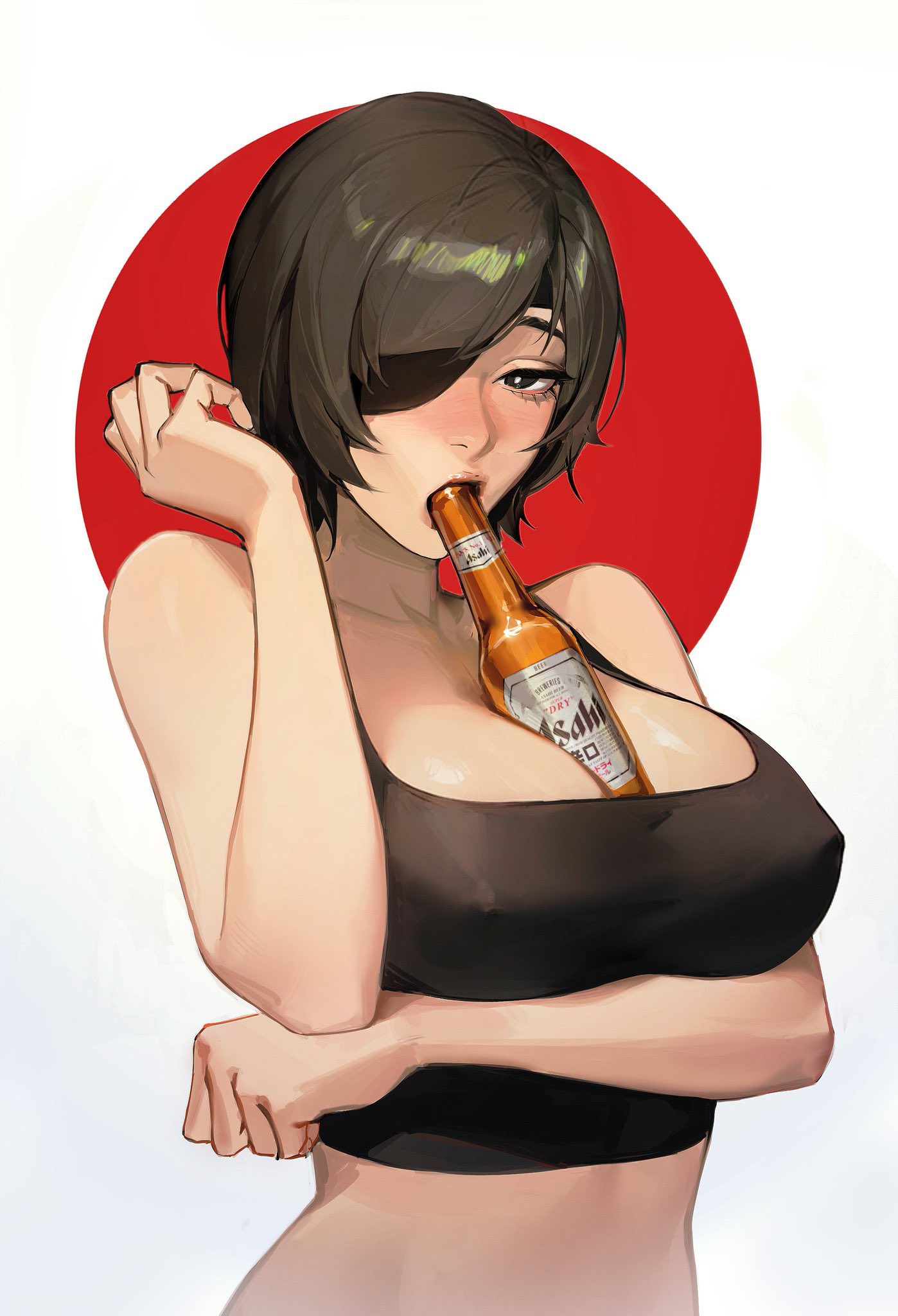 1girl alcohol arm_under_breasts beer_bottle between_breasts black_eyes black_hair black_tank_top breasts bright_pupils chainsaw_man drinking drunk english_commentary eyepatch hand_up highres himeno_(chainsaw_man) limart looking_at_viewer open_mouth red_background short_hair solo tank_top two-tone_background upper_body white_background