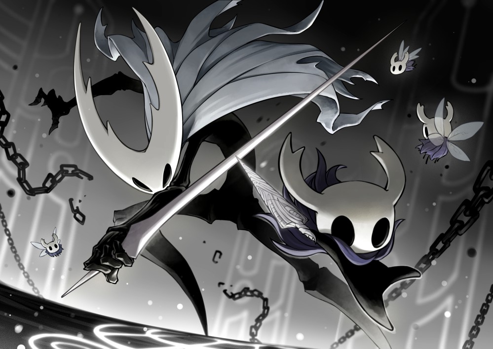 5others blank_eyes chain cloak flying fuifui full_body grey_cloak holding holding_sword holding_weapon hollow_eyes hollow_knight hollow_knight_(character) horned_mask horns insect_wings knight_(hollow_knight) mask multiple_others nail_(hollow_knight) no_humans pure_nail_(hollow_knight) sword weapon wings