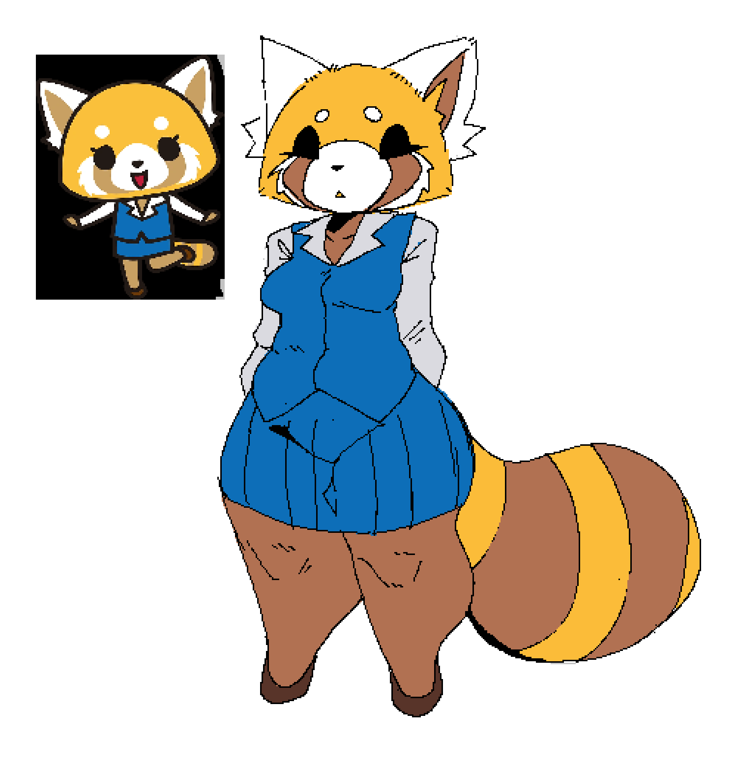 aggretsuko ailurid aliasing anthro belly black_eyes black_nose blue_bottomwear blue_clothing blue_dress_shirt blue_shirt blue_skirt blue_topwear bottomwear breasts brown_body brown_fur clothed clothing digital_media_(artwork) dress_shirt empty_eyes eyebrows eyelashes female fur hi_res mammal markings medium_breasts multicolored_body multicolored_fur open_mouth overweight overweight_anthro overweight_female pear-shaped_figure red_panda reference_image retsuko rottenarmor sanrio shirt simple_background skirt snout solo standing striped_markings striped_tail stripes tail tail_markings thick_thighs topwear white_background white_body white_fur wide_hips yellow_body yellow_fur