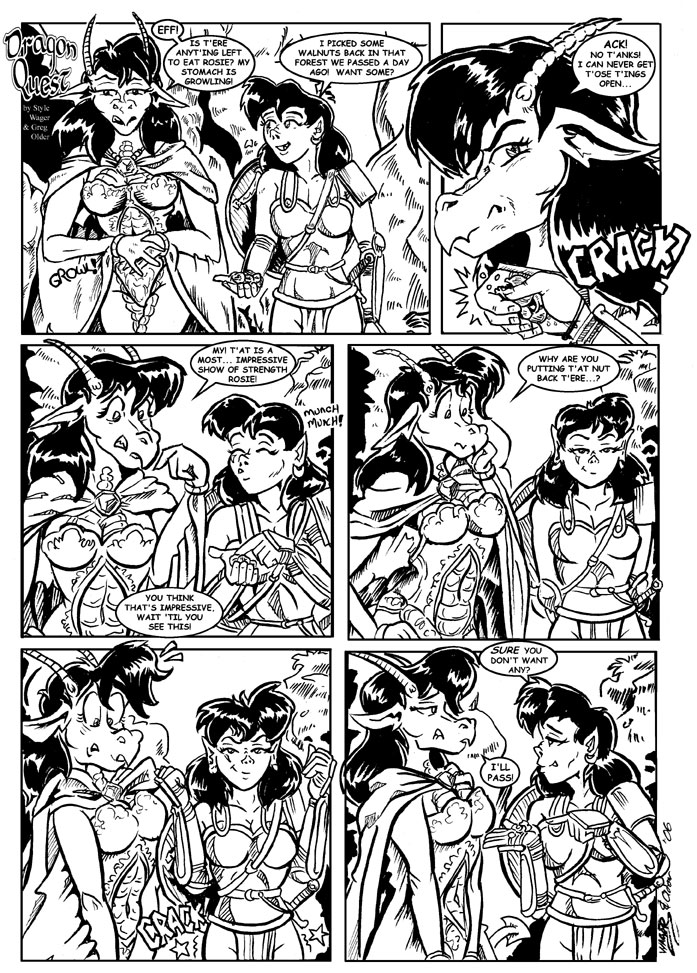 2006 anthro armor belly_scales bottomwear cape clothing comic draconian duo ear_piercing ear_ring english_text facial_scar female food holding_food holding_object horn humanoid humanoid_pointy_ears hungry loincloth lung_mai mage_robe membrane_(anatomy) membranous_wings monochrome orc piercing ring_piercing rosie_(stylewager) scales scar shield sound_effects speech_bubble style_wager surprised_expression text tusks unconvincing_armor wings