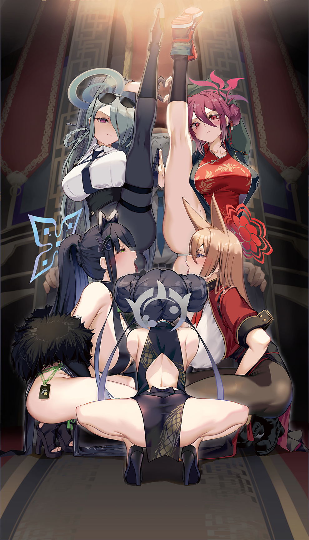 5girls animal_ears ass black_footwear black_hair black_necktie blue_archive blush boots breasts brown_hair china_dress chinese_clothes collared_shirt double_bun dress full_body grey_hair grey_halo hair_between_eyes hair_bun halo high_heels highres kisaki_(blue_archive) knee_boots kneehighs large_breasts long_sleeves looking_at_viewer mina_(blue_archive) mole mole_under_eye multiple_girls necktie open_mouth ponytail purple_eyes red_dress red_eyes red_hair red_halo reijo_(blue_archive) rumi_(blue_archive) satou_daiji shirt shun_(blue_archive) sidelocks socks split squatting standing standing_on_one_leg standing_split thighs tongue tongue_out white_shirt
