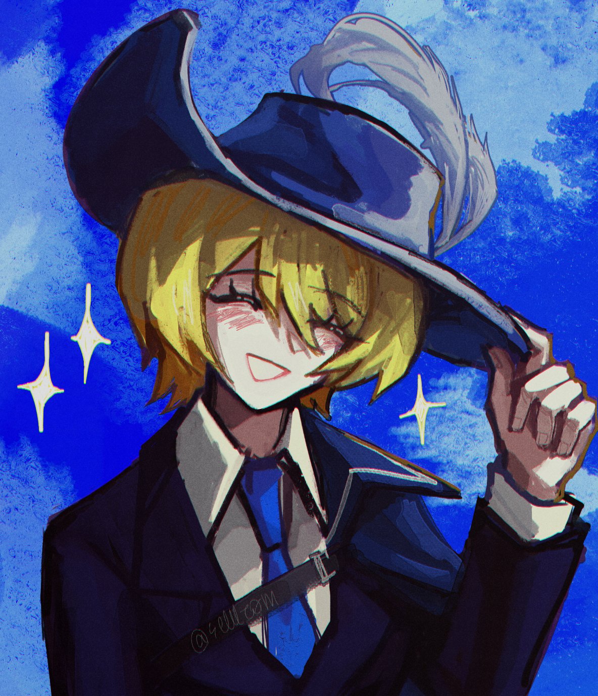 1girl blonde_hair blue_cape blue_headwear blue_necktie blue_sky cape closed_eyes collared_shirt don_quixote_(project_moon) hand_up hat_feather hat_tip highres limbus_company necktie open_mouth project_moon selllrom shirt short_hair sky smile solo sparkle upper_body white_shirt