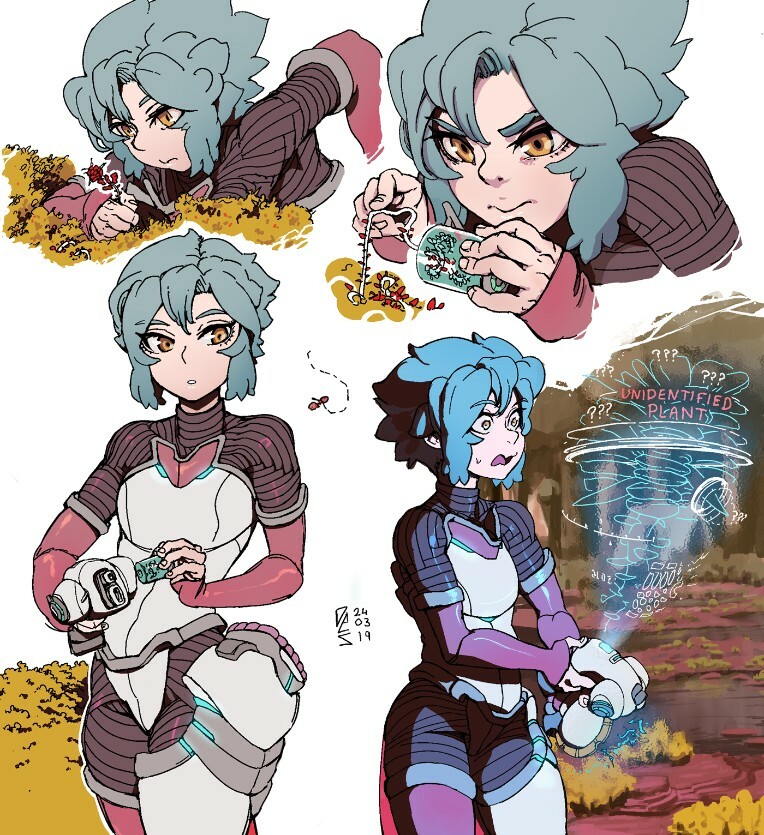 1girl aqua_hair arms_at_sides bad_link blue_hair breasts des_(desvitio) gloves hologram holographic_interface lily_(desvitio) neck nose open_mouth original parted_lips plant science_fiction short_hair tree very_short_hair yellow_eyes