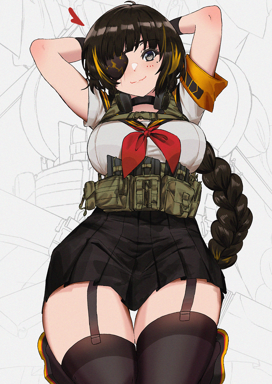 1girl ammunition_pouch armband arms_behind_back black_hair black_skirt black_thighhighs blonde_hair blush braid breasts eyepatch garter_straps girls'_frontline hands_up headphones headphones_around_neck heart highres long_braid long_hair looking_at_viewer m16a1_(girls'_frontline) magazine_(weapon) mole mole_under_eye multicolored_hair neckerchief necktie orange_armband persocon93 pleated_skirt pouch red_necktie scar scar_across_eye school_uniform seiza shirt sitting skirt smile solo streaked_hair thighhighs white_shirt zoom_layer