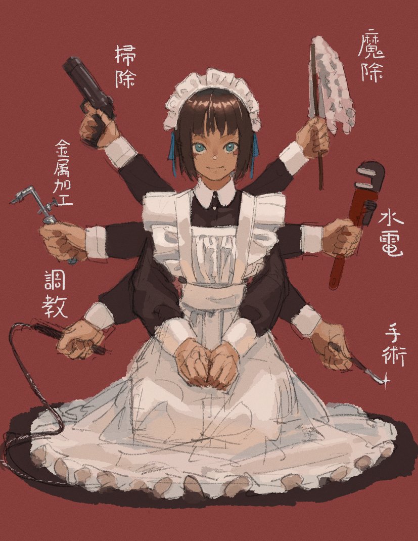 1girl aqua_eyes duster extra_arms gun holding holding_gun holding_weapon holding_whip holding_wrench maid original others_(gogo-o) red_background simple_background smile solo weapon whip wrench