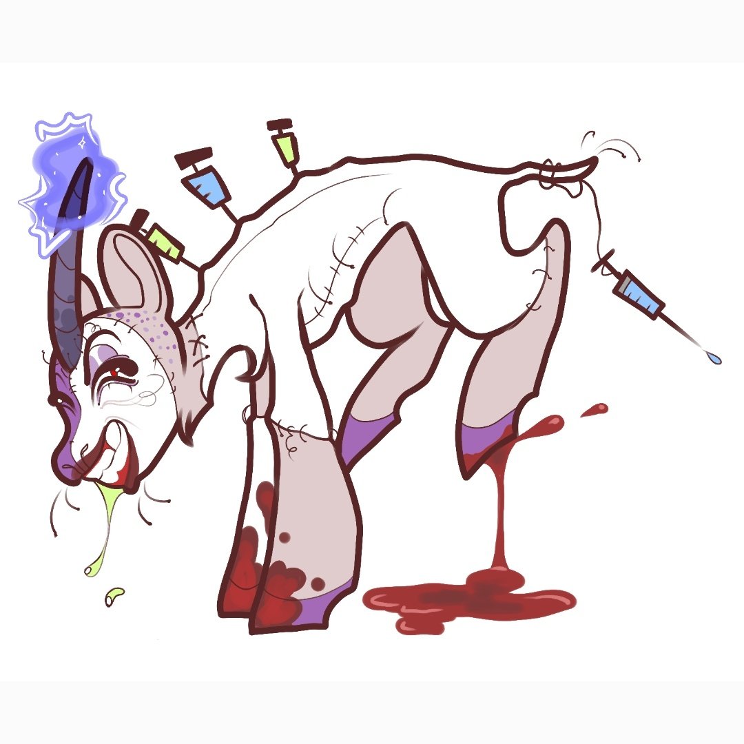 2024 4_legs blood blood_splatter blood_stain bodily_fluids clown clown_makeup colored creepy_smile crossover equid equine eyebrows fear_and_hunger feral friendship_is_magic half-closed_eyes hasbro hooves horn kkozlarska looking_at_viewer magic magic_user makeup male mammal my_little_pony narrowed_eyes needles_(fear_and_hunger) pink_body ponification purple_makeup red_eyes simple_background slime smile solo surgical_suture syringe unicorn white_background