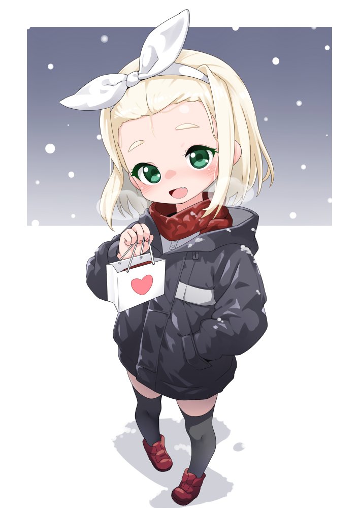 1girl black_jacket black_thighhighs blonde_hair bow_hairband commentary_request fang green_eyes hair_ribbon hairband hand_in_pocket heavy_breathing jacket kantai_collection long_sleeves looking_at_viewer luigi_torelli_(kancolle) medium_hair nassukun open_mouth red_footwear red_scarf ribbon scarf shoes solo standing thighhighs white_ribbon