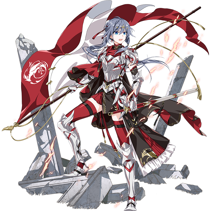 1girl armor armored_boots armored_gloves banner blue_eyes boots circlet fu_hua full_body gauntlets grey_hair holding holding_banner holding_sword holding_weapon honkai_(series) honkai_impact_3rd long_hair official_art solo sword thighhighs third-party_source transparent_background weapon