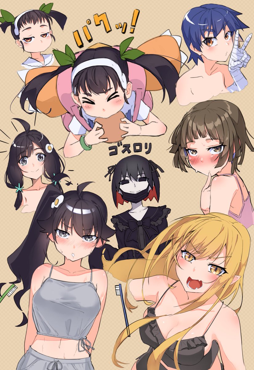 &gt;_&lt; 6+girls ahoge araragi_karen araragi_tsukihi arms_behind_back backpack bag bandaged_arm bandaged_hand bandages black_bow black_bowtie black_eyes black_hair black_mask black_ribbon black_shirt blonde_hair blue_hair blush bow bowtie bracelet breasts brown_background brown_eyes brown_hair cleavage closed_eyes closed_mouth colored_inner_hair commentary_request cropped_arms cropped_shoulders cropped_torso eating egg_hair_ornament fang finger_to_mouth floating_hair food food-themed_hair_ornament green_ribbon grey_eyes grey_shirt hachikuji_mayoi hair_ornament hair_ribbon half-closed_eyes highres holding holding_food index_finger_raised jewelry kanbaru_suruga large_breasts long_hair looking_at_viewer low_twintails lower_teeth_only mask mask_pull midriff monogatari_(series) mouth_mask multicolored_hair multiple_girls multiple_views navel no_mouth notice_lines open_mouth oshino_ougi oshino_shinobu parted_lips pink_shirt pointy_ears puckered_lips red_hair ribbon sengoku_nadeko shirt short_hair short_sleeves shouting side_ponytail skin_fang sleeveless sleeveless_shirt slit_pupils smile spaghetti_strap split_mouth sweat tearing_up teeth thomas_(aoakumasan) toothbrush translation_request twintails two_side_up v v-shaped_eyebrows white_shirt yellow_eyes