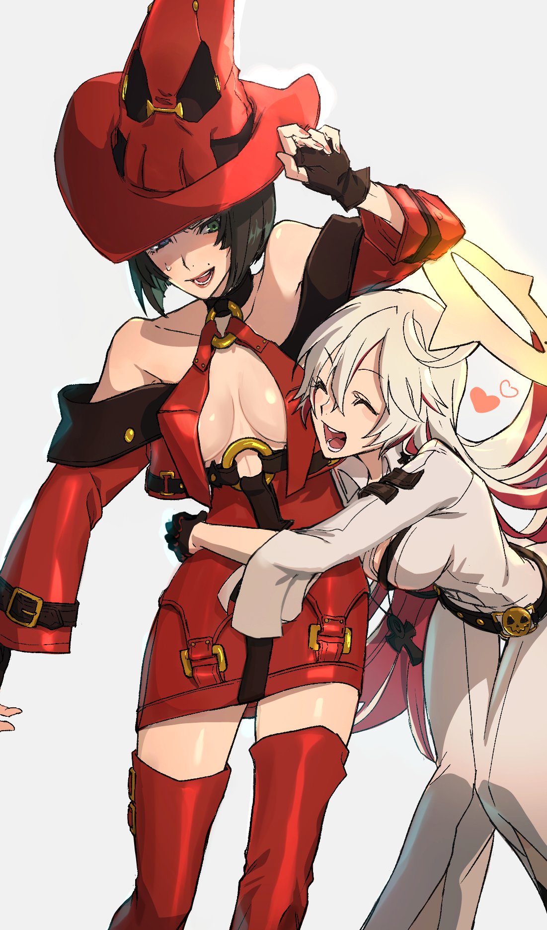 2girls bare_shoulders bell-bottoms black_hair bodysuit boots breasts choker cleavage compass_rose_halo fingerless_gloves gloves guilty_gear guilty_gear_xrd halo hat highres hitsuji_kusa hug i-no jack-o'_valentine large_breasts long_hair mole mole_above_mouth multicolored_hair multiple_girls pants red_footwear red_headwear red_leather short_hair skull_belt smile thigh_boots too_many_belts two-tone_hair white_bodysuit white_hair witch_hat yuri