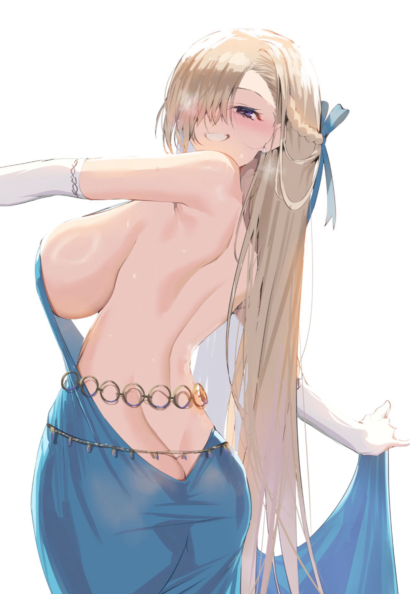 1girl ako_(blue_archive) ako_(blue_archive)_(cosplay) ako_(dress)_(blue_archive) ass asuna_(blue_archive) back backless_dress backless_outfit blue_archive blue_dress blue_eyes blush breasts cosplay dress gloves grin hair_over_one_eye highres large_breasts light_brown_hair long_hair no_halo satou_daiji simple_background sleeveless sleeveless_dress smile solo white_background white_gloves
