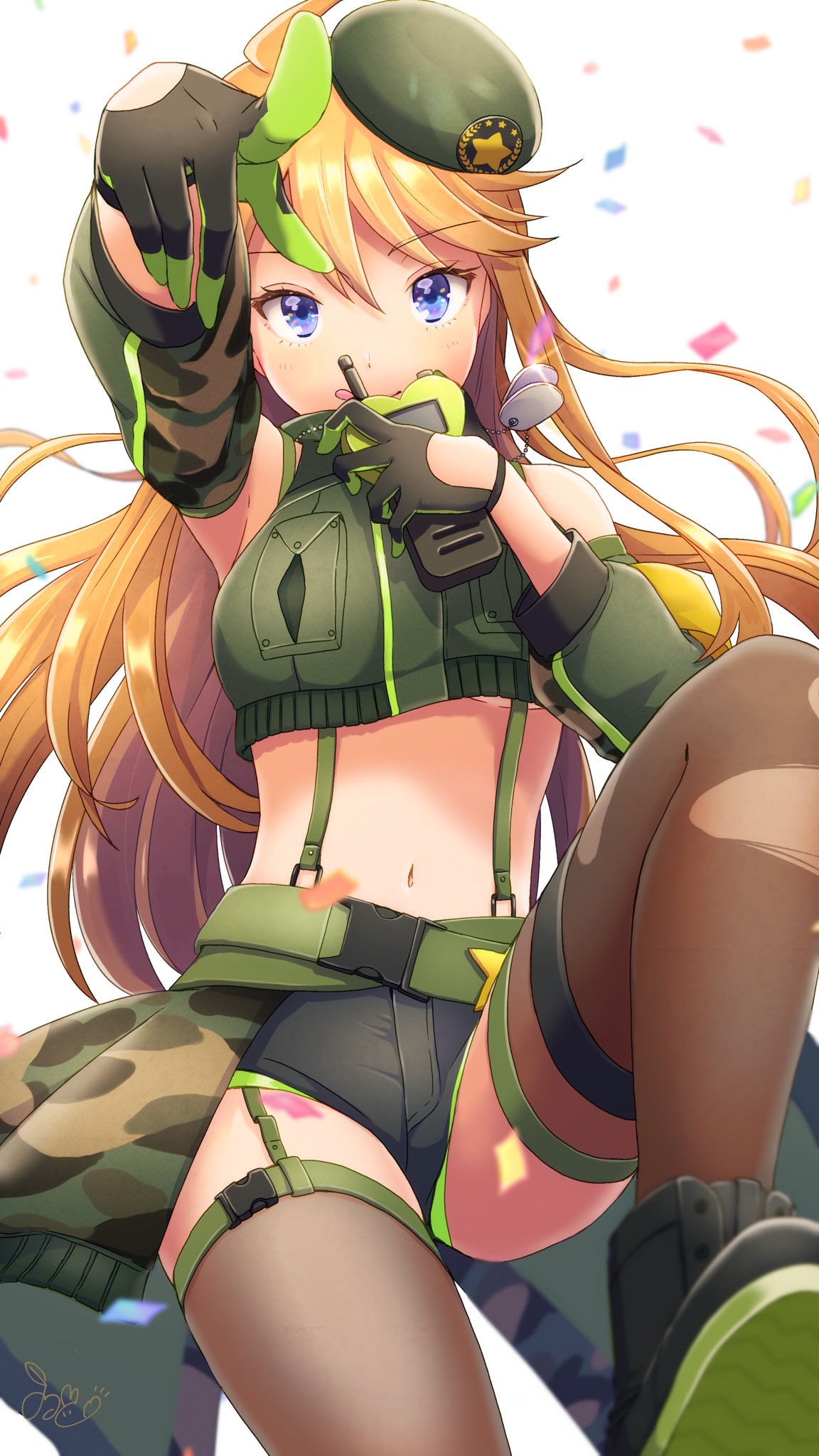 1girl :d ahoge badge bare_shoulders belt black_footwear black_gloves black_shorts black_thighhighs blonde_hair blue_eyes boots camouflage camouflage_jacket camouflage_sleeves clothes_around_waist clothing_cutout commentary_request confetti covering_own_mouth cowboy_shot cropped_vest detached_sleeves dog_tags eyelashes gloves green_belt green_gloves green_headwear green_jacket green_panties green_sleeves green_vest hair_between_eyes hat hat_ornament highres holding_walkie-talkie idol idolmaster idolmaster_million_live! jacket jacket_around_waist leg_up long_hair long_sleeves looking_at_viewer midriff military_hat military_uniform multiple_belts navel panties pocket pointing pointing_at_viewer ribbed_legwear see-through_thighhighs short_shorts shorts simple_background smile solo star_(symbol) star_hat_ornament suspenders thigh_belt thigh_strap thighhighs tokoro_megumi tongue tongue_out two-sided_gloves underwear uniform vest walkie-talkie white_background witoi_(roa)