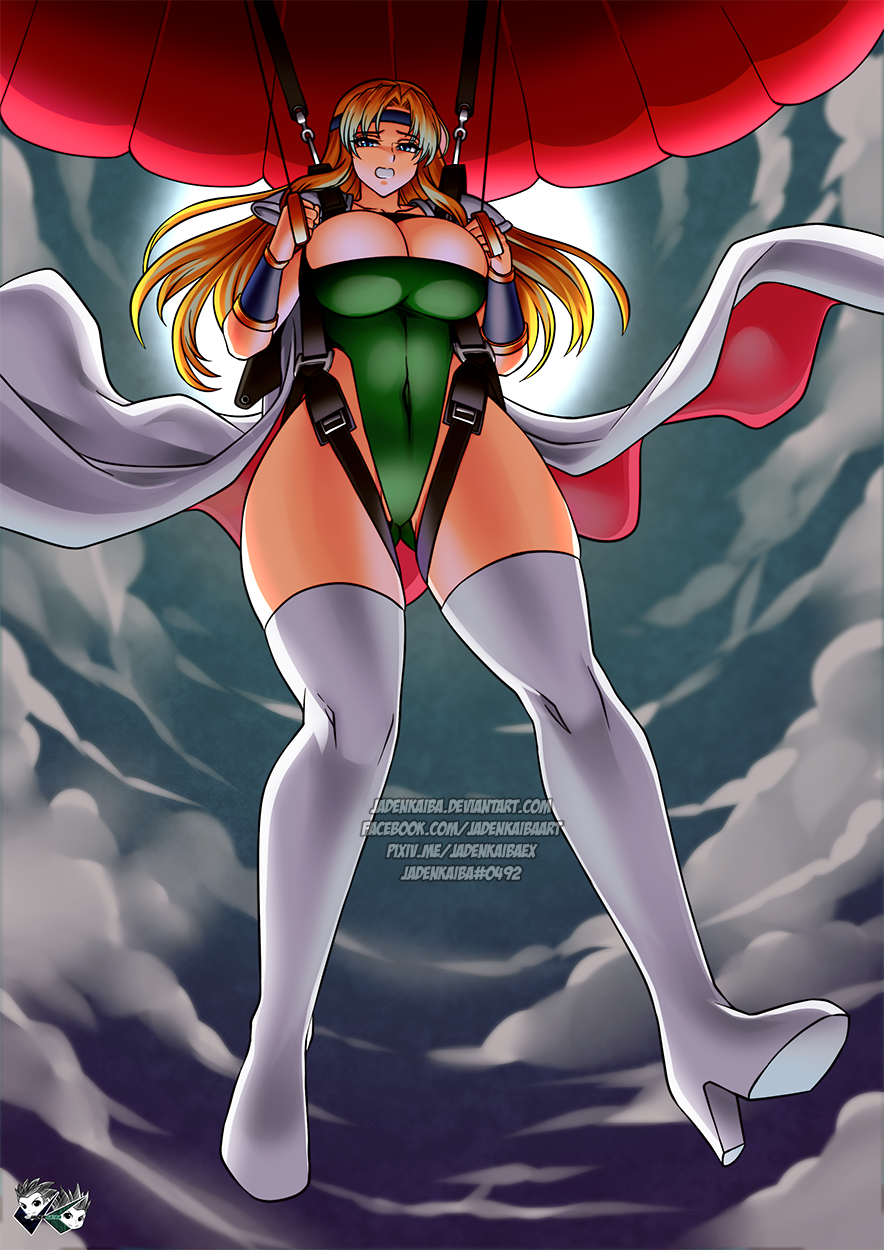 1girl artist_logo bandana blonde_hair blue_headband boots breasts cape celes_chere cleavage cloud commission commissioner_upload covered_navel deviantart_username facebook_username falling final_fantasy final_fantasy_vi full_body full_moon green_leotard harness headband high_heels highleg highleg_leotard highres huge_breasts jadenkaiba leotard long_hair moon parachute pixiv_username shoulder_pads sky thigh_boots thighhighs watermark web_address white_cape white_footwear