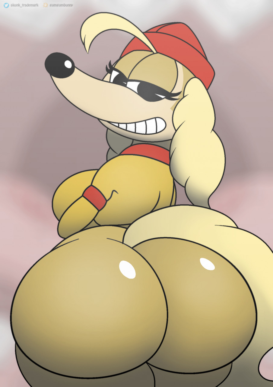 2022 anthro big_butt blonde_hair bottomless butt canid canine canis clothed clothing cuphead_(game) domestic_dog female foxball fur hair hi_res huge_butt hunting_dog looking_at_viewer looking_back looking_back_at_viewer mammal narrowed_eyes pilot_saluki_(cuphead) saluki sighthound solo tan_body tan_fur thick_thighs video_games wide_hips