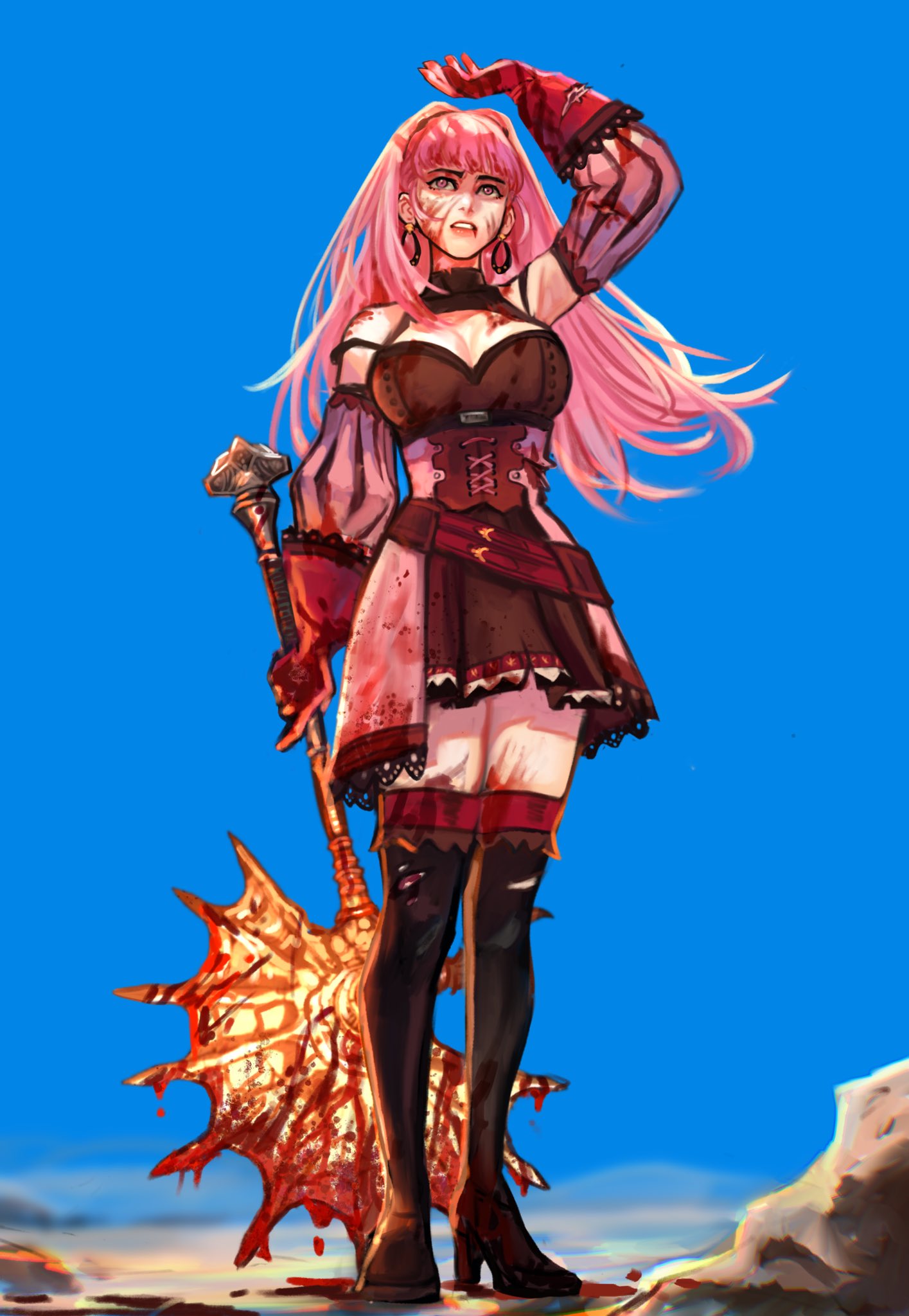 1girl axe belt black_footwear blood blood_on_breasts blood_on_clothes blood_on_face blood_on_hands blood_on_shoes blood_on_shoulder blood_on_weapon blue_sky blunt_bangs bodice boots breasts cleavage corset detached_sleeves dress earrings fire_emblem fire_emblem:_three_houses freikugel_(weapon) full_body gloves high_heel_boots high_heels highres hilda_valentine_goneril holding holding_axe hoop_earrings injury jewelry long_hair looking_up pink_dress pink_eyes pink_gloves pink_hair pool_of_blood puffy_detached_sleeves puffy_sleeves sethkiel sky solo thighhighs torn_clothes torn_gloves weapon zettai_ryouiki