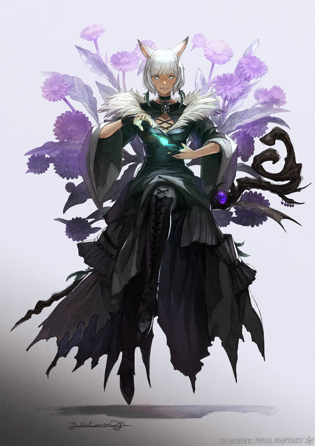 1girl animal_ears artist_name black_choker black_dress black_footwear black_gloves blue_eyes boots brooch casting_spell cat_ears choker claw_ring company_name copyright_name copyright_notice cross-laced_footwear dress energy feather_hair_ornament feathers final_fantasy final_fantasy_xiv fingerless_gloves floating flower full_body fur-trimmed_dress fur_trim gloves gradient_background hair_ornament hatching_(texture) highres jewelry leaf leg_up looking_at_viewer magic miqo'te mogi_yuusuke official_art parted_lips purple_flower short_hair signature simple_background single_fingerless_glove smile solo staff straight-on thigh_boots torn_clothes torn_dress white_background white_hair wide_sleeves y'shtola_rhul