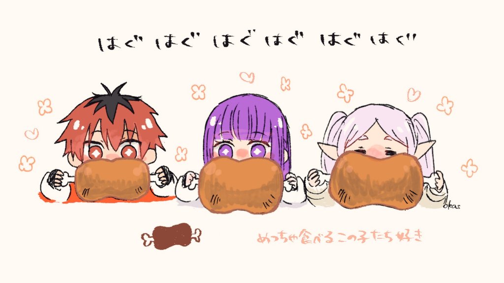 1boy 2girls artist_name black_gloves black_hair boned_meat chibi covered_mouth eating elf fern_(sousou_no_frieren) fingerless_gloves food frieren gloves grey_hair heart holding holding_food lineup long_hair long_sleeves meat multicolored_hair multiple_girls okas pointy_ears purple_eyes purple_hair red_eyes red_hair short_hair simple_background sousou_no_frieren stark_(sousou_no_frieren) streaked_hair symbol-shaped_pupils twintails white_background