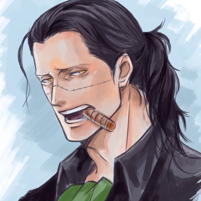 1boy arisue_kanako ascot black_hair cigar close-up collared_shirt commentary_request crocodile_(one_piece) green_ascot looking_at_viewer male_focus one_piece ponytail shirt simple_background solo stitched_face stitches yellow_eyes