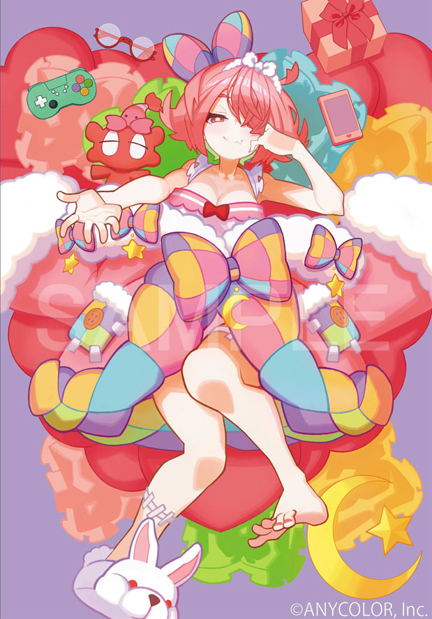 1girl alternate_costume animal_slippers azuchi_momo azuchi_momo_(3rd_costume) bare_shoulders buttons cellphone controller copyright_name crescent_moon fang feet fur-trimmed_jacket fur_trim game_controller gift glasses hair_over_one_eye hairband jacket moon multicolored_clothes multicolored_jacket nijisanji official_alternate_costume official_art oversized_clothes phone pillow pink_eyes pink_hair pink_shirt purple_background red-framed_eyewear sample_watermark shirt simple_background slippers smile solo star_(symbol) stuffed_toy thigh_strap virtual_youtuber watermark white_hairband yuuki_(irodo_rhythm)