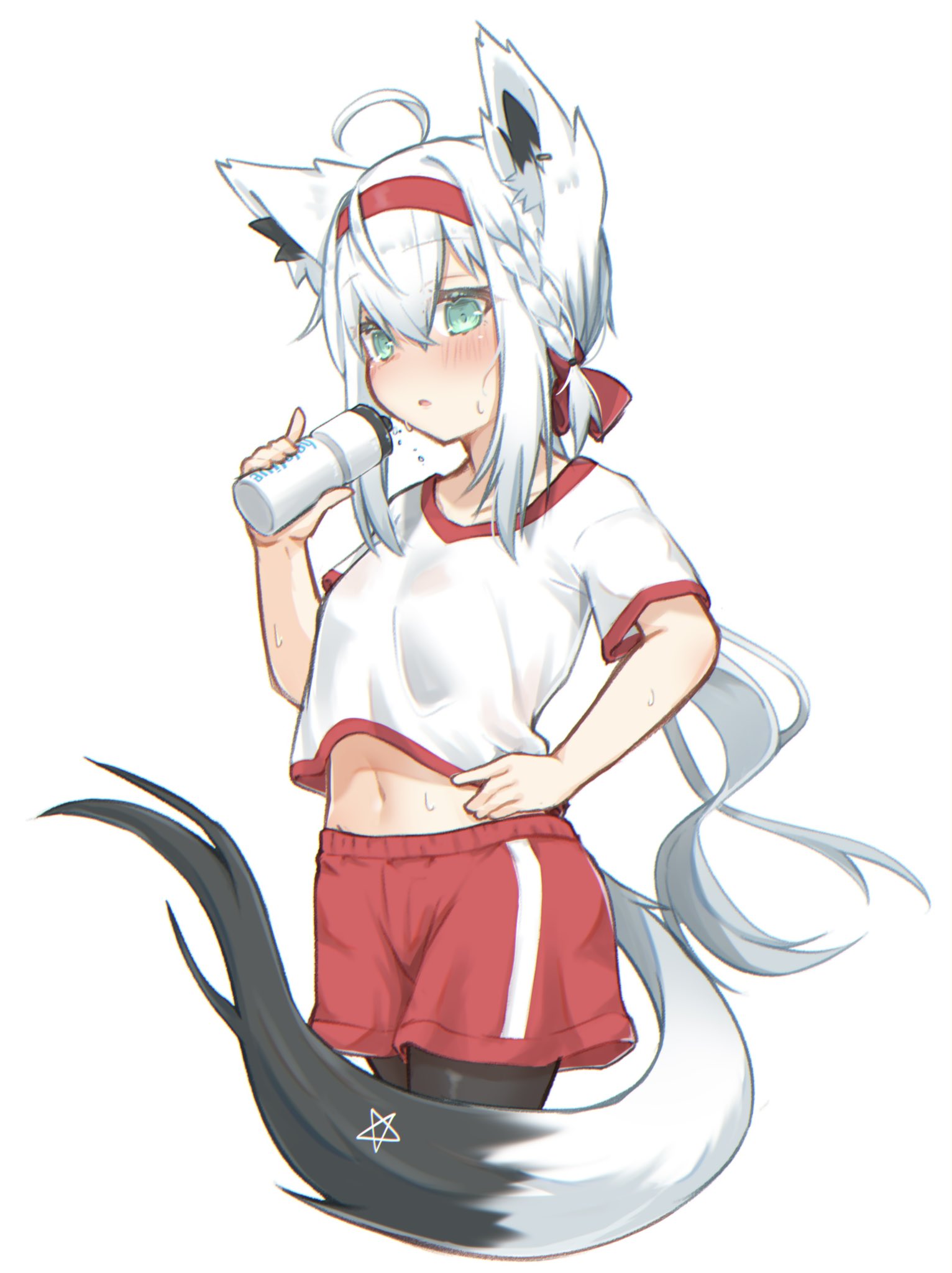 1girl ahoge animal_ear_fluff animal_ears bangs blush bottle braid commentary_request earrings fox_ears fox_girl fox_tail green_eyes hair_between_eyes hairband hand_on_hip highres holding holding_bottle hololive jewelry long_hair looking_at_viewer midriff navel open_mouth pentagram red_hairband red_shorts shirakami_fubuki shirt short_sleeves shorts sidelocks simple_background single_braid solo sportswear sweat tail tomyoo virtual_youtuber white_background white_hair white_shirt