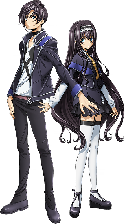 1boy 1girl arm_at_side artist_request belt black_capelet black_choker black_footwear black_hair black_pants black_skirt blue_eyes capelet choker closed_mouth code_geass code_geass:_lost_stories collared_shirt dual_persona frilled_hairband frills full_body game_cg garter_straps hairband jacket layered_sleeves long_hair long_sleeves looking_at_viewer mario_disel maya_disel miniskirt necktie non-web_source official_art open_clothes open_jacket pants pleated_skirt shirt shoes short_hair sidelocks simple_background skirt standing symmetry thighhighs transparent_background v-neck very_long_hair white_hairband white_shirt white_thighhighs yellow_necktie zettai_ryouiki