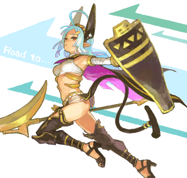 1girl ahoge armpits arrow_(symbol) bad_drawr_id bad_id bandaged_arm bandages black_thighhighs blue_hair breasts brown_eyes cape character_request closed_mouth copyright_request crop_top english_text floating gold_trim hairband headgear holding holding_polearm holding_shield holding_weapon knee_pads long_hair looking_at_viewer oekaki pointy_ears polearm purple_cape shield shirt sidelocks sideways_glance small_breasts solo tail tanaka_pen thighhighs thighs weapon white_background white_shirt